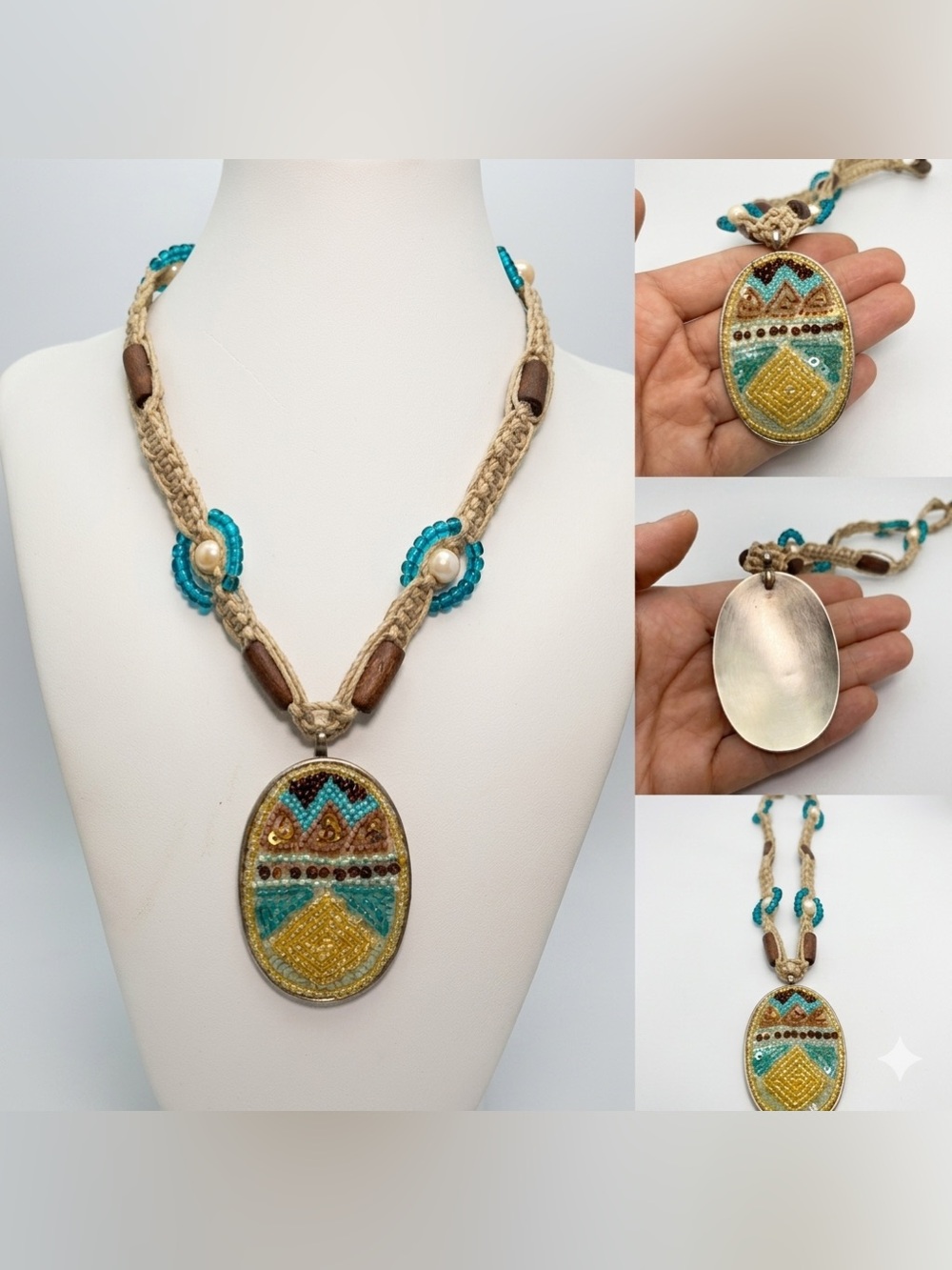 Handmade Boho Beaded Statement Pendant Necklace Recycled